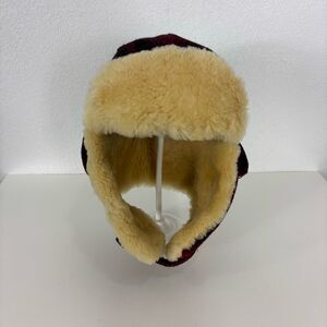 Woolrich Red with Black Plaid Wool Fur Lined Trapper Winter Hat